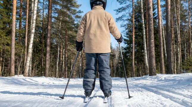 Child wearing winter helmet skiing with poles on groomed snowy forest trail surrounded by tall pine trees under clear blue sky. Concept of healthy childhood outdoor activity