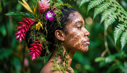 Ethereal Black Woman with Tropical Floral Headdress in Lush Nature