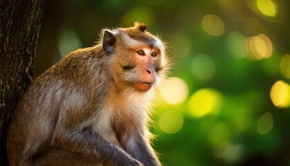 Fototapeta premium Monkey in the Sunlight - A Close-Up of a Primate in a Natural Habitat, with Bokeh.