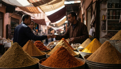 Vibrant Spice Market with Vendor and Customer in a Moroccan Souk
