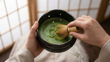 Preparing Traditional Matcha Green Tea in a Japanese Ceremony