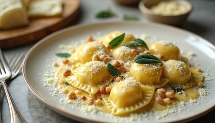 Yellow ravioli pasta with sage butter sauce, grated parmesan, and nuts. Served on plate with vintage fork. Classic Italian dish for dinner or lunch meal.