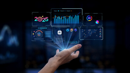 A hand reaches out towards a digital data interface featuring vibrant graphs, e-commerce metrics, and artificial intelligence concepts, symbolizing future innovation. Synapse