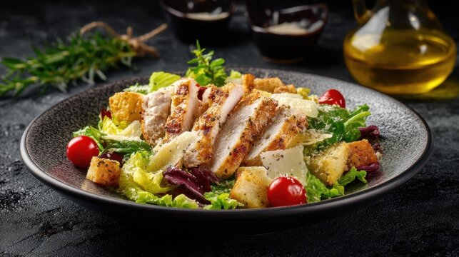 Grilled chicken caesar salad with cherry tomatoes and croutons.