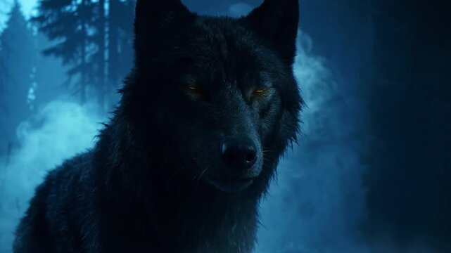 Close-up portrait of a black wolf with glowing yellow eyes in a misty forest at night with fog