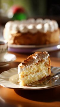 Slice of delicious meringue cake with layers of cream and sponge served with hot coffee