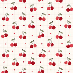 Seamless Cute Cherry Pattern with Hearts and Leaves, Playful Flat Vector Background