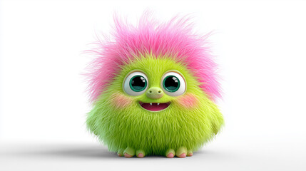 Fototapeta premium Cute fluffy green cartoon monster with big eyes and a happy smile on a neutral background.