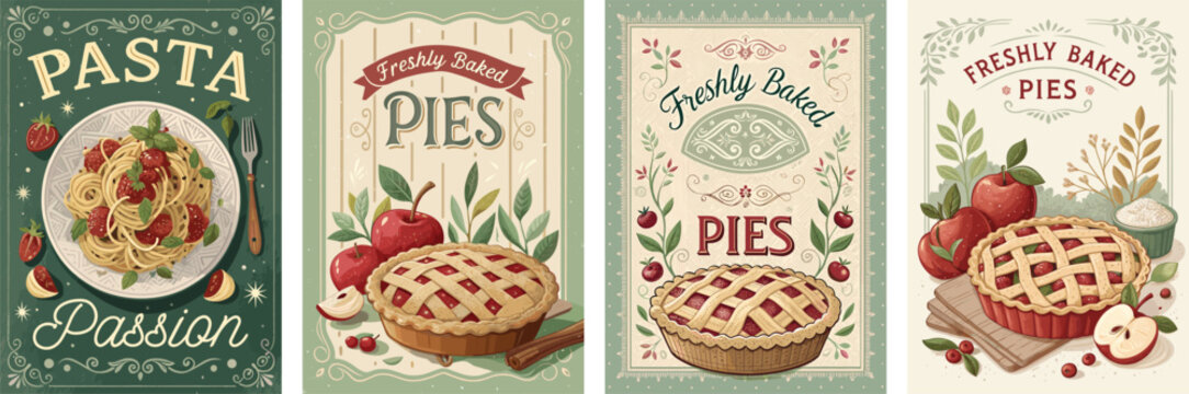 Vintage-style food posters showcasing pasta and pies with vibrant colors.