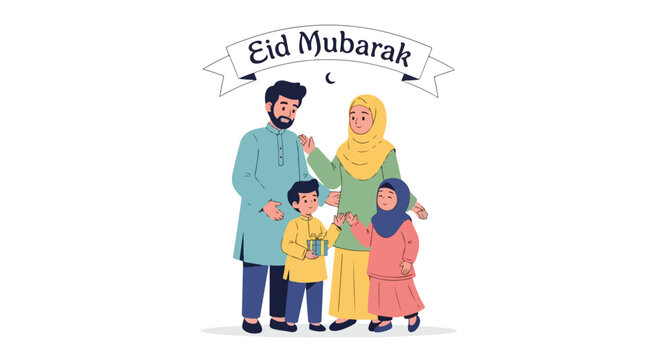 Illustration of a Muslim family celebrating Eid Mubarak with a banner, in a colorful and festive setting.