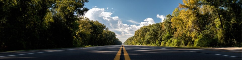 Obraz premium Sunny highway through forested landscape with blue sky and clouds