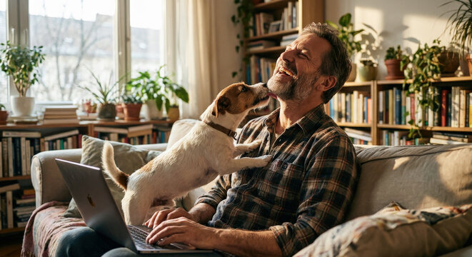 Laughing man with laptop gets licked by cute Jack Russell dog on sofa at home