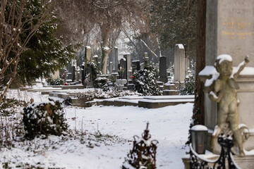 Wiener Zentralfriedhof im Winter mit schneebedeckten Gr&auml;bern