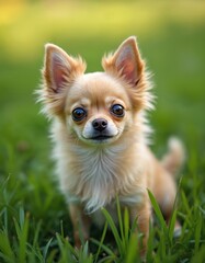 Fototapeta premium Small cute chihuahua dog sits in green grass looking at camera. Light brown furry pet has big eyes and pointy ears. Adorable animal enjoys sunny day outdoors. Innocent puppy poses for shot.