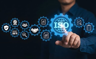 Person interacting with a glowing iso standard icon, symbolizing quality management and certification compliance.