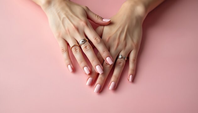 Two hands with perfect pastel pink nails and rings rest on a pink surface. Fingers display elegant nail polish, showcasing smooth skin and manicured fingernails. Beauty and care are evident.