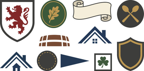 Heritage hospitality branding badges flat vector pack with lion rampant circular crest leaf vintage scroll barrel top crossed spoons roof-line dashed border triangular pennant clover square shield  © Madhuka Disanayaka