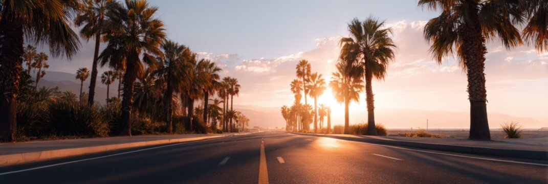 Scenic sunset over palm-lined road with ocean in background
