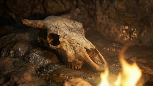 Animal skull with horn lying on wet cave rocks with firelight in foreground and dark rocky background