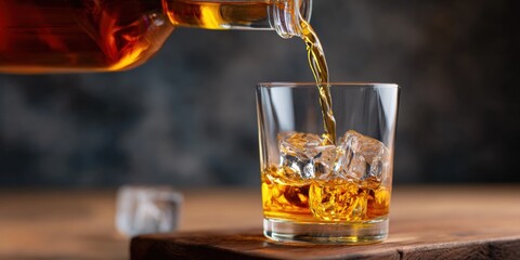 Pouring whiskey into glass with ice on wooden table