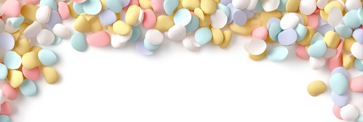 Colorful pastel candy-coated chocolate eggs on white background
