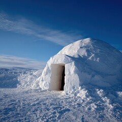 Snow-covered igloo under clear blue sky in arctic landscape
