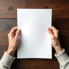 Obraz premium Blank white paper held by two hands over dark wood surface. Empty page for graphic design, ad template, or announcement. Presentation space for business or personal messages.