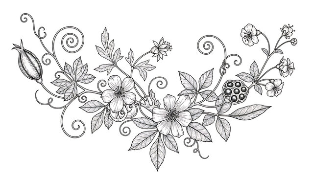 Floral vine with leaves and buds isolated on a transparent background