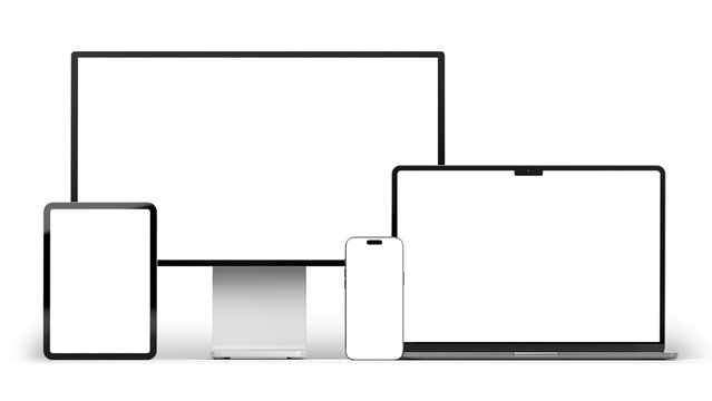 Adaptive and responsive web design concept showing blank screen for mockup. Different tech gadgets and screen sizes. 3D render 8k high resolution.