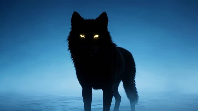 Black wolf standing in blue fog on snowy ground with glowing eyes, facing camera in low light outdoors