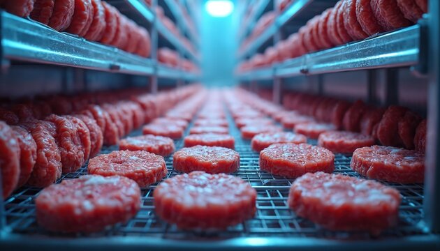 Raw beef patties neatly arranged on metal racks in cold storage. Frozen food product stored in a refrigerated industrial environment ready for culinary use. Meat processing industry.