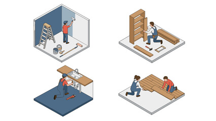 Obraz premium Set of isometric vector illustrations showing home renovation projects: professional workers painting a room, assembling a bookshelf, repairing kitchen plumbing, and laying new wood flooring.