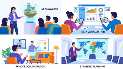 Flat Vector Illustration Set of 4 Business Scenes: Augmented Reality AR Showcase, Data Visualization with Interactive Charts, Remote Collaboration via Hologram, and Strategic Global Planning.
