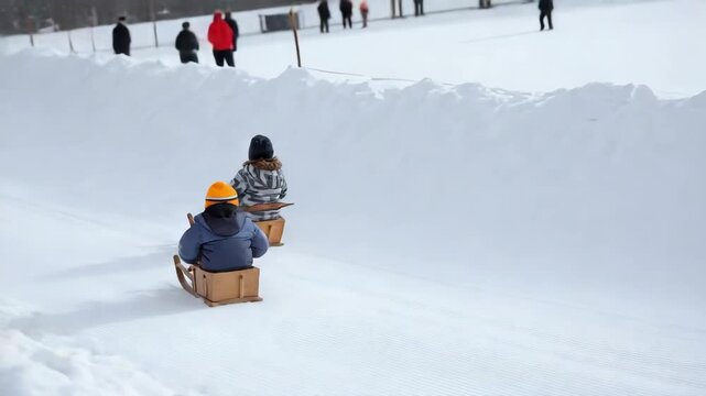 Children racing down a snowy hill on traditional wooden sleds during winter snowfall