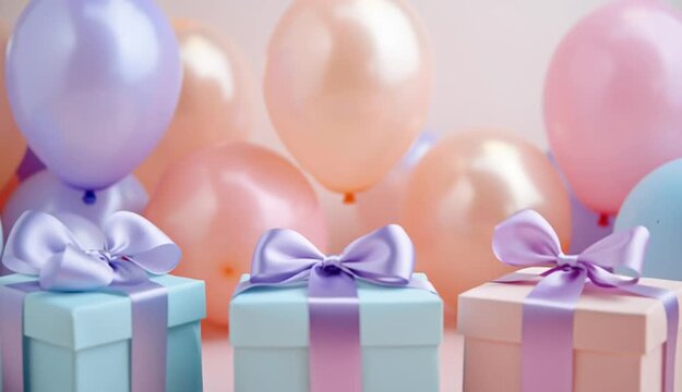 pastel colored gift boxes with satin ribbon bows in foreground, four gift boxes in soft blue, peach pink, and lavender colors, arrangement of large pastel balloons in background