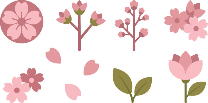 Geometric cherry blossom icons minimalist branding flat vector pack with circular top-down blossom Y-shaped branch floral tips bud-heavy twig flower clusters floating petals leaves short stem single 