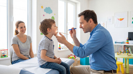 Obraz premium Pediatric doctor gives child checkup. Quick checkup uses tongue depressor, mother smiles nearby, checkup visit for backtoschool physical and fluseason screening, care concept, bright room