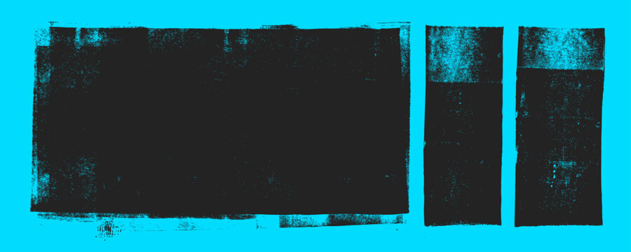 Letterpress ink roller horizontal rough texture on bright blue background. Handmade linocut stamp bold texture with grainy distressed drawing effect. Graphic dry dirty grunge effect background.