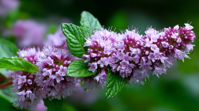 Flowers bloom on peppermint plant in garden during warm afternoon hours in summer season