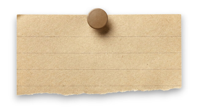 Torn brown paper note with push pin attached isolated on transparent background.