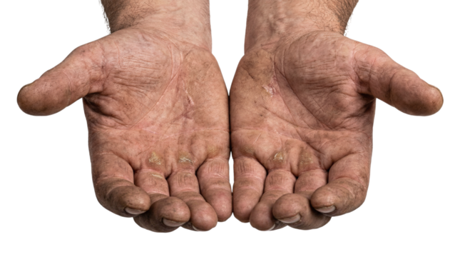 Dirty rough worker hands with open palms facing up isolated on transparent background. - Powered by Adobe