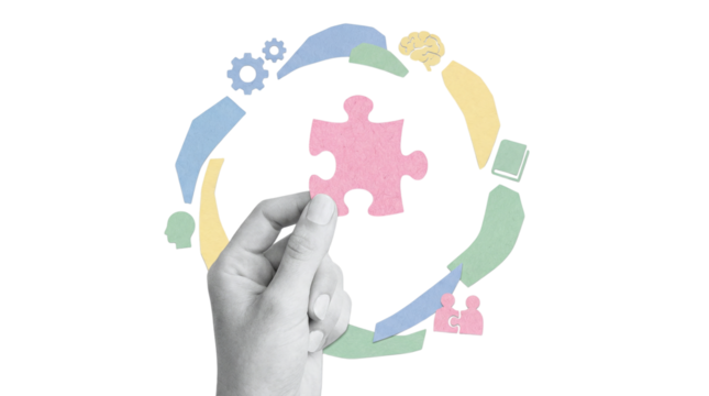 Hand holding a pink puzzle piece with colorful workflow icons around it isolated on transparent background - Powered by Adobe