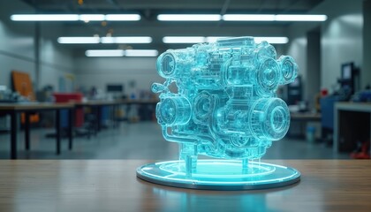 Obraz premium Futuristic engine hologram displayed in a modern workshop. This advanced technology shows intricate mechanical details on a digital interface, representing innovation and engineering.