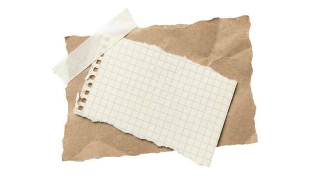 Layered torn paper collage with graph notebook sheet and masking tape isolated on transparent background