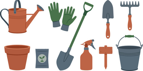 Classic spring gardening tools flat vector pack with terracotta forest green slate metal watering can fabric gloves hand trowel rake ceramic flower pot paper seed packet shovel spray bottle wooden  © Madhuka Disanayaka