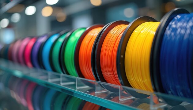 Spools of colorful 3D printer filament arranged neatly on a shelf. Various plastic materials like PLA and ABS are visible in bright hues. This represents innovation, creation, and hobbyist pursuits.