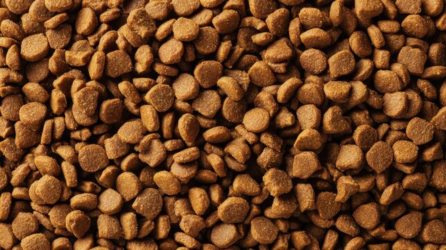 Brown dry dog food kibble texture for pet nutrition and feeding.