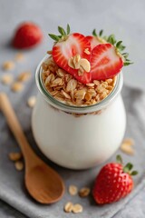 Healthy yogurt parfait with granola and fresh strawberries in glass jar on grey table