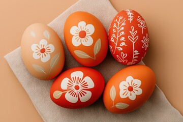 Orange and beige Easter eggs with white floral patterns on linen cloth top view