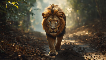 "The Regal Stare: A Lion's Commanding Presence on the Forest Trail"